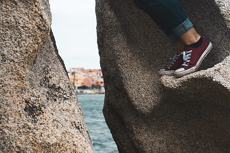 person wearing red low-top sneakers thumbnail