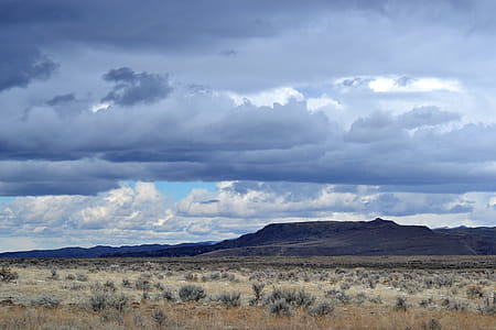Gray Grass Field Leading to Mountains Under Gray Heavy Clouds thumbnail