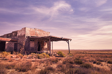 brown wooden house with terrace in desert with grasses thumbnail