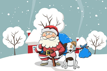 Illustration of Santa Claus with a happy dog in a show covered landscape. thumbnail