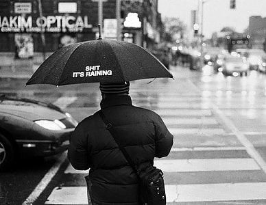 gracyscale photo of person holding umbrella walking on street thumbnail