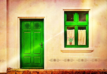 green wooden 6-panel wooden door and window thumbnail