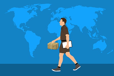 Illustration of package delivery worldwide with delivery person. thumbnail