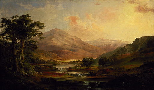trees near river with mountain in the background painting thumbnail