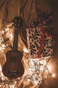 Ukulele Beside a Floral Box and String Lights thumbnail