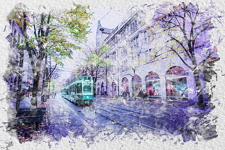 painting of city tram on street thumbnail