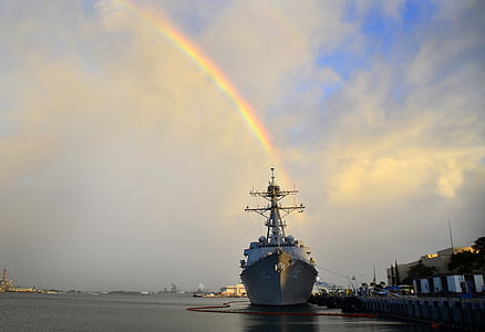 gray battleship dock at port under rainbow thumbnail