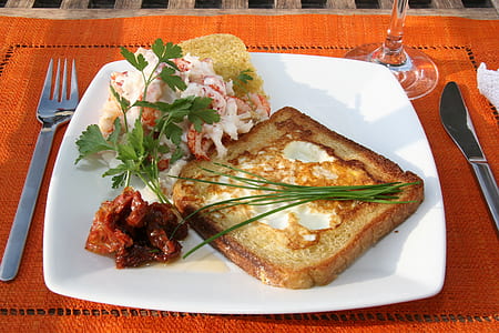 sandwich with egg and seafood in square white ceramic plate thumbnail