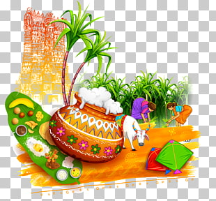 Thai Pongal Makar Sankranti Stock photography Illustration, Yellow simple vase of sugar cane, brown pot and white zebu cow illustration PNG clipart