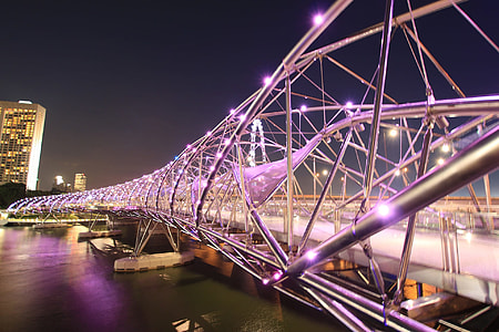 metallic suspension lighted bridge under clear sky at night time thumbnail