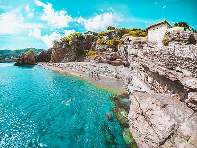 people swimming on beach during daytime thumbnail