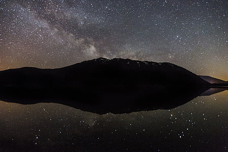 silhouette photo of island under starry night with reflection on body of water thumbnail