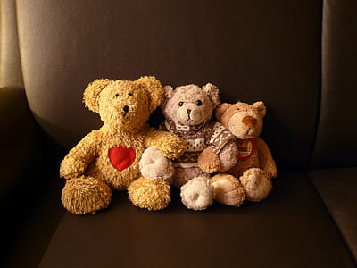 three assorted-color bear plush toys on black leather sofa thumbnail