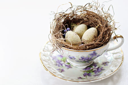 three white eggs on brown nest in white ceramic teacup with saucer thumbnail