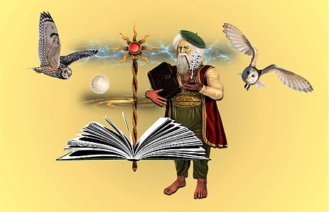 man holding book surrounded with owls digital wallpaper thumbnail
