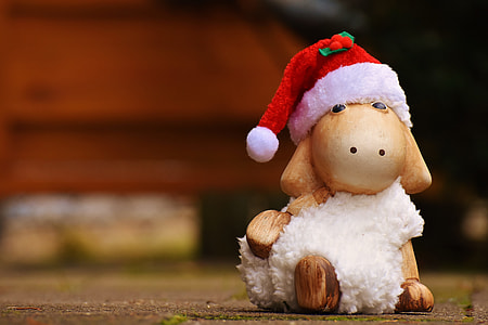 brown wooden sheep with santa hat figurine on ground in selective-focus photography thumbnail