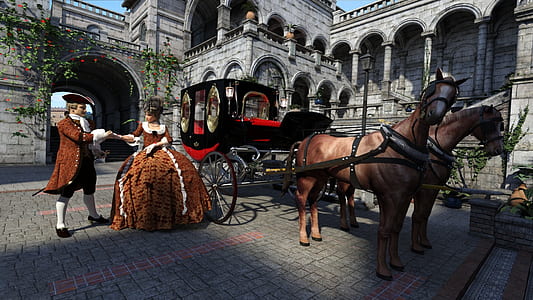 couple holding hands near horse carriage outdoor thumbnail