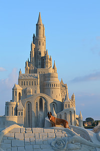 grey concrete castle with chocolate short-coated dog thumbnail