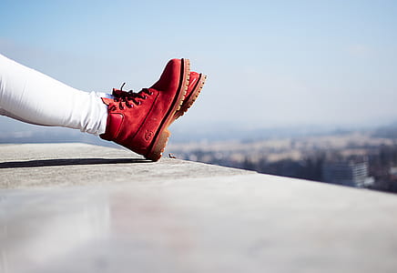 person wearing red Timberland leather work boots thumbnail