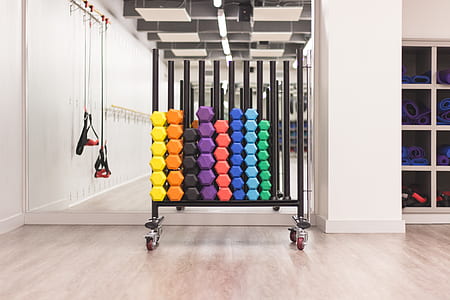 assorted-color metal dumbbells on metal rack inside room thumbnail