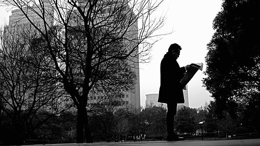black and white photo of man standing beside trees thumbnail