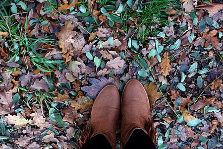 top view photo of pair of brown shoes on ground thumbnail