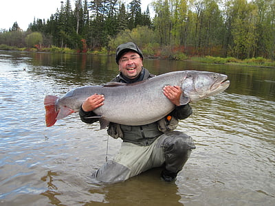 man carrying large gray fish thumbnail