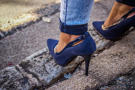 woman wearing blue suede platform pumps thumbnail