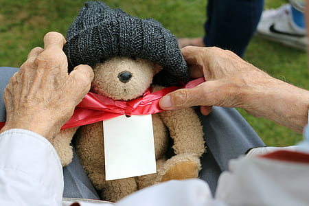 person carrying brown bear plush toy thumbnail