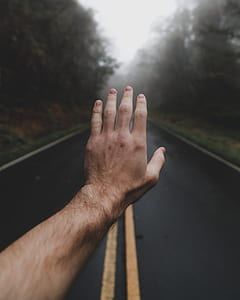 person standing on road track between of forest while raising left hand during daytime thumbnail