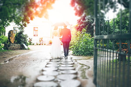photo walking on pathway holding umbrella thumbnail