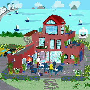 people in front on house near body of water illustration thumbnail