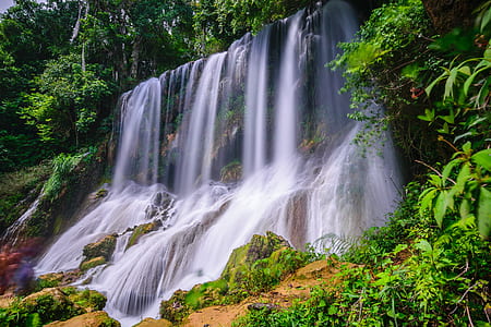 waterfalls beside green leafed trees thumbnail