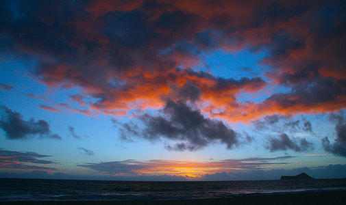 sea under grey and orange cloud blue skies thumbnail