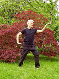 man performing yoga on grass beside red leaf plant at daytime thumbnail