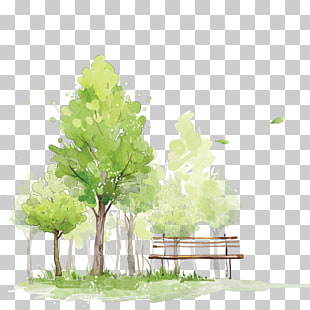 How to Paint Trees in Watercolor Watercolor painting Sketch, Watercolor trees, green tree near bench painting PNG clipart