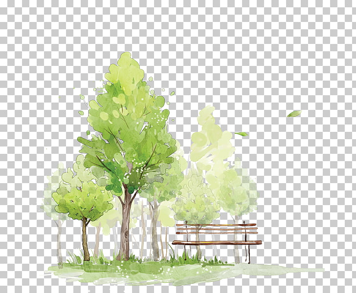 How to Paint Trees in Watercolor Watercolor painting Sketch, Watercolor trees, green tree near bench painting PNG clipart