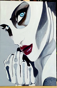 woman with white face paint and red lips with blue eyes painting thumbnail