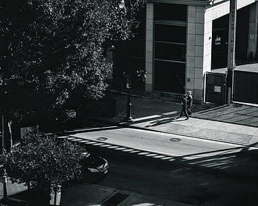 grayscale of two person waling in front of building thumbnail