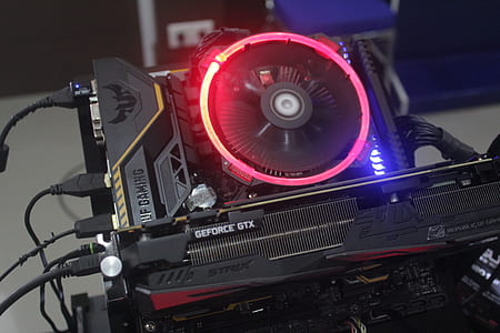closeup photo of ASUS Strix GeForce graphics card thumbnail
