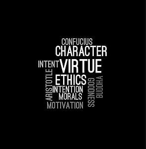 Confucius character intent virtue Aristotle ethics intention morals motivation Buddha goodness word collage text on black background thumbnail