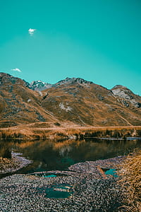 lake and grass covered mountains during day thumbnail