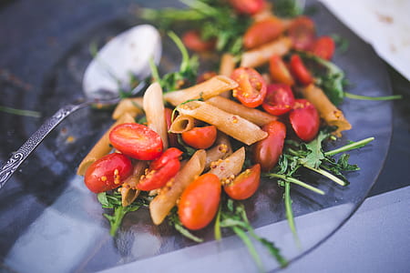 tube pasta salad served on glass plate thumbnail