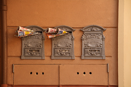three antique gray mailboxes thumbnail