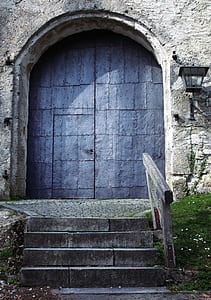 staircase in front of blue wooden door thumbnail