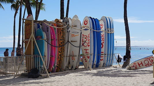 assorted-color surfboards piled on shore thumbnail