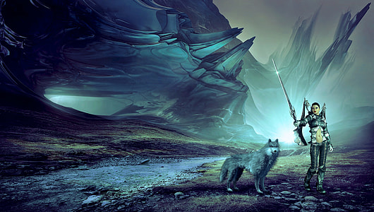 woman holding sword beside gray wolf video game character illustration thumbnail