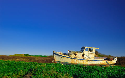 white and blue boat on green grass field thumbnail