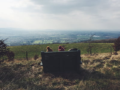 three person sitting on green bench thumbnail