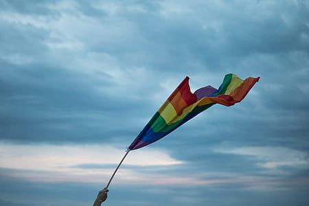 person raising blue and multicolored flag at daytime thumbnail